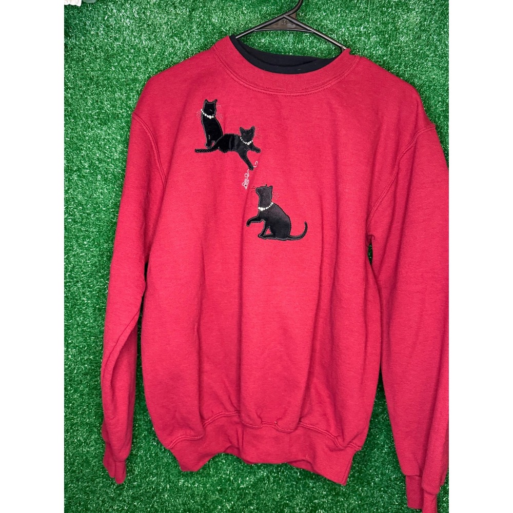 Vintage Top Stitch Black Cat Rhinestone Appliqué Red Sweatshirt Women's Medium
